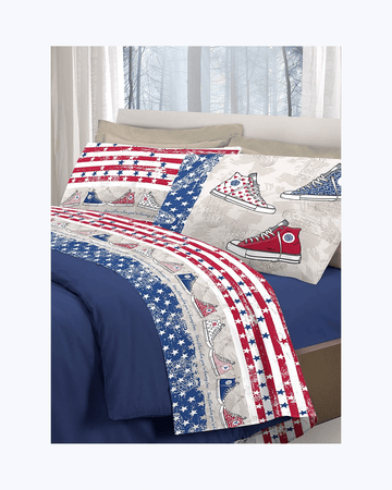 Set Lenzuola Letto in Cotone Made in Italy - Completo Letto Stampa Stile Anni 80 Blu